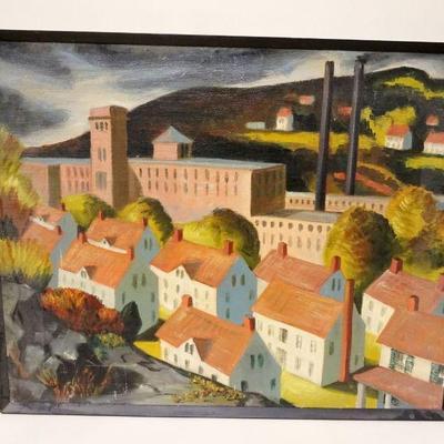 1173	SIGNED MARGARET L. TRIPLETT OIL ON CANVAS PAINTING *MILL TOWN* NORWICH CT APP. 25 IN X 31 IN 
