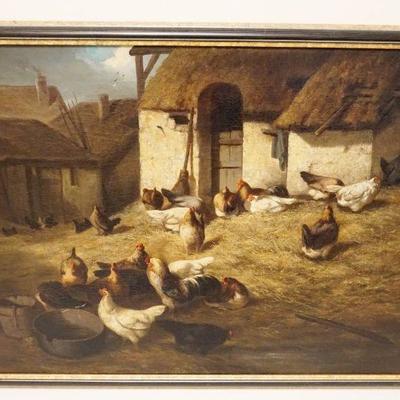 1021	ANTIQUE OIL PAINTING ON CANVAS OF CHICKENS ON FARM, ARTIST SIGNED & DATED 1890, APPROXIMATELY 24 IN X 31 IN
