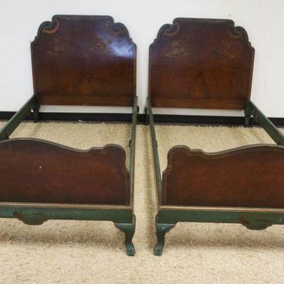 1073	PAIR OF PAINT DECORATED TWIN BEDS, ASIAN THEME
