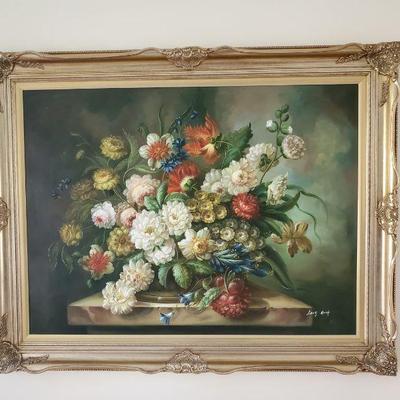 Floral Still Life with Ornate Frame - oil on canvas (58x45.5")