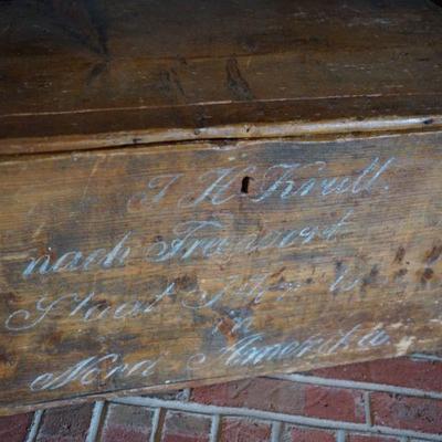Antique wood lidded crate. "Amerika" immigrant chest . 