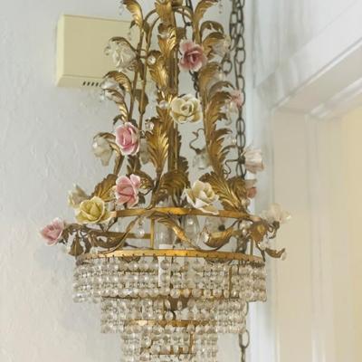 Art Nouveau porcelain rose and brass chandelier 