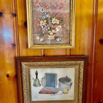 Lot 074-LR: Two Framed Prints

Features:
â€¢	Antique framed prints; one featuring flowers in a vase and one featuring school supplies of...