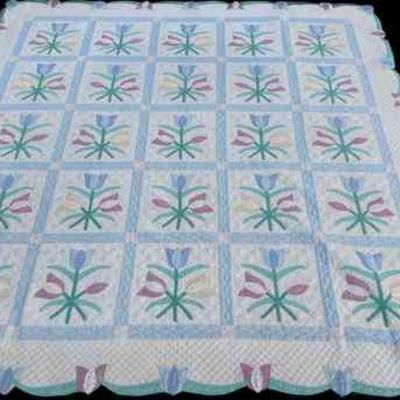 Lot 145-BR1: Tulip Quilt

Features: Pastel colors in a tulip pattern. 


Dimensions: 85â€ x 83â€


Condition: Some yellowing, and a few...