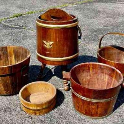 Lot 033-P: Antique Wooden Bucket Collection

Features: 
â€¢	Five antique buckets, various sizes and styles


Dimensions: Tallest (with...
