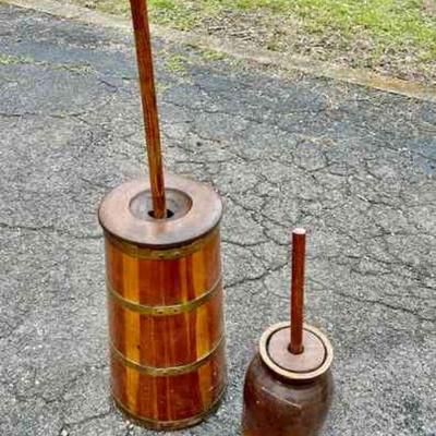 Lot 035-P: Pair of Antique Butter Churns

Features: 
â€¢	One churn made from wooden slats
â€¢	One churn is ceramic â€“ stamped...