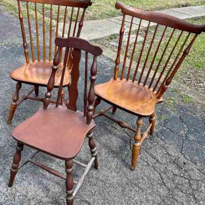 Lot 031-P: Antique Chair Trio

Features: 
â€¢	2 fan-back Windsor style chairs 
â€¢	1 Fiddleback-style chair

Dimensions:
â€¢	Larger...