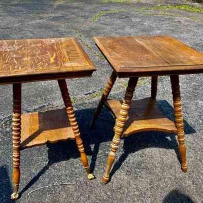 Lot 024-P: Pair of Antique Occasional Tables

Features: 
â€¢	Both tables have turned legs and lower shelf
â€¢	One table has brass claw...