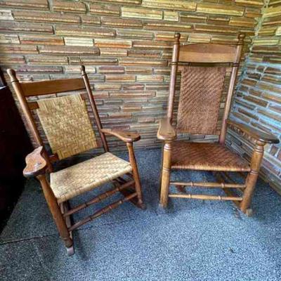 Lot 027-P: Rocker Duo #1

Features: 
â€¢	Both feature sturdy wooden frames with woven backs and seats

Dimensions:
â€¢	Smaller â€“ 24â€W...