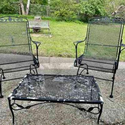 Lot 138-P: Cast-Iron Patio Set

Features: 
â€¢	3 piece set: 2 chairs, 1 table
â€¢	Relatively lightweight
â€¢	Chairs are designed to allow...