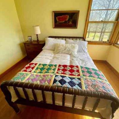 Lot 108-BR2: Antique Bedroom Vignette

Features: 
â€¢	Wooden double/full sized bed headboard and frame
â€¢	Framed fruit still-life...