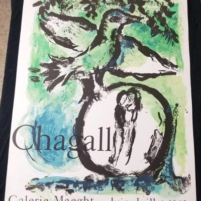 Lot # 64 ~ Vintage Chagall Original Poster Stone Mourlot Lithograph L'OISEAU VERT ~ 1962 ~ 21.75 x 27.5