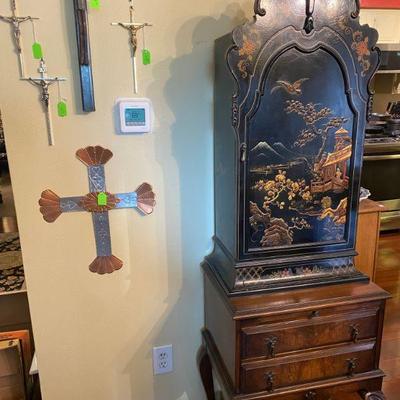 Antique Asian Black Lacquer Cabinet and several Decorative Crosses