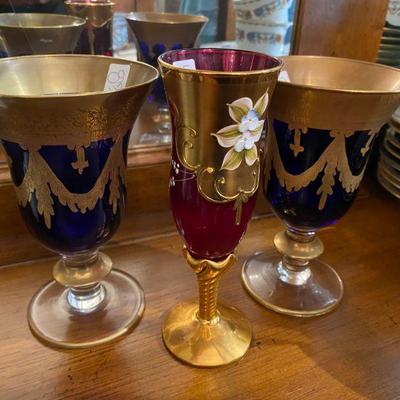 Blue and Red Gold Gilded Glassware from Czech Republic