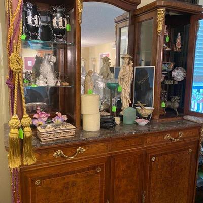 Antique French Inlaid China Cabinet made of Burlwood with Marble Top and Gold Filigree