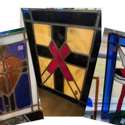 Assortment of Stained Glass pieces included Catholic symbolic Dove and Heart