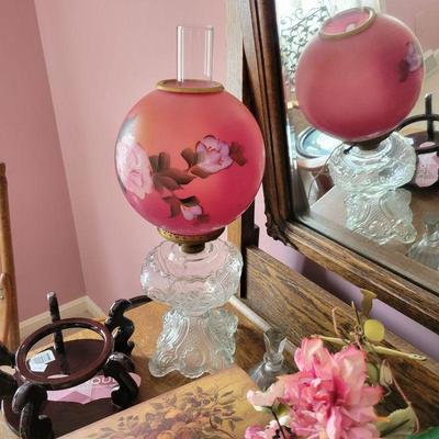 VICTORIAN PRESSED GLASS LAMP, ROSE GLOBE SHADE