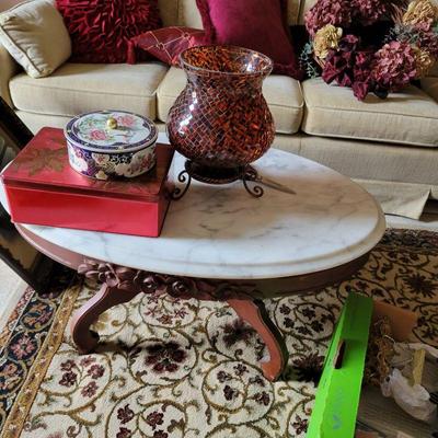 WALNUT MARBLE TOP OVAL COFFEE TABLE