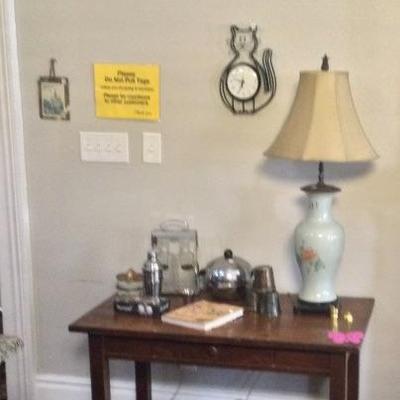 Oak desk, bar stuff, lamp