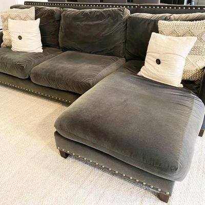 Decor to Your Door Gray, Velveteen Sectional with Nailheads

