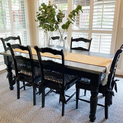Pier 1, 6 Chair Dining Table Black with Metal Top and Two Drawers