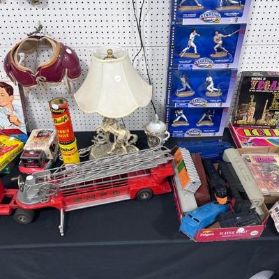 Child's Shoulder Pads, Starting Lineup Dual Action Figures, Lamp, Smith Miller Ladder Truck, Train Cars