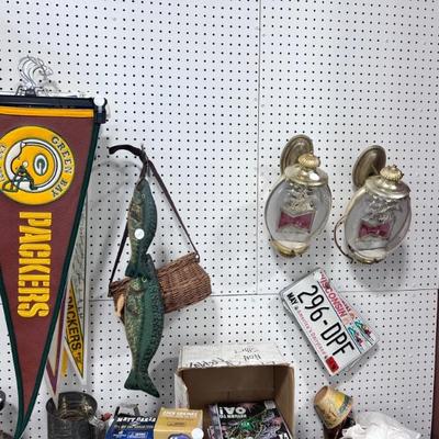 Packers and Other Pennants, Kreel and Two Wood Fish, Budweiser Sconces