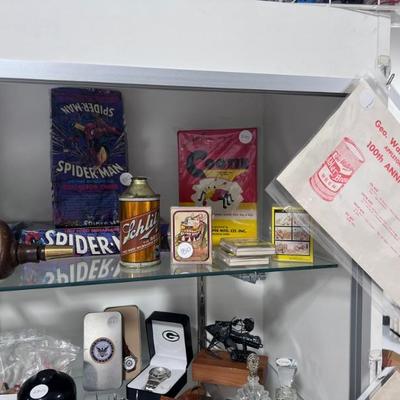 Spider Man Cards (Look them up!), Cootie Game, Schlitz Cone Top (excellent!), Vintage Cards, Packer Watch