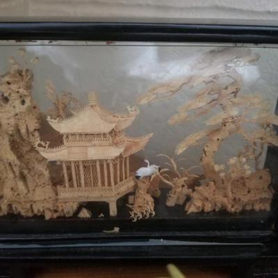 Vintage oriental carved cork diorama in lacquer frame