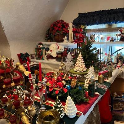 It's Christmas in July! So much Christmas decor, ornaments, figurines, trees, Santas, snowmen, candlesticks, music boxes, novelty,...