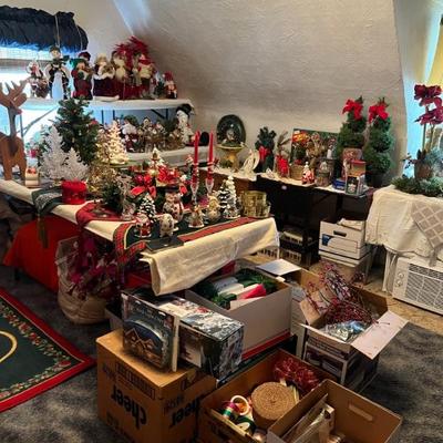 It's Christmas in July! So much Christmas decor, ornaments, figurines, trees, Santas, snowmen, candlesticks, music boxes, novelty,...