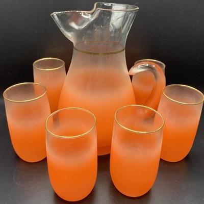 Vtg. Blendo Orange Frosted Pitcher & Tumblers
