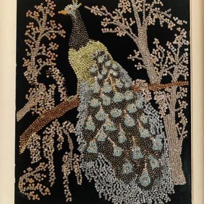 Handmade Sequin Peacock Wall Art, Circa 1960's