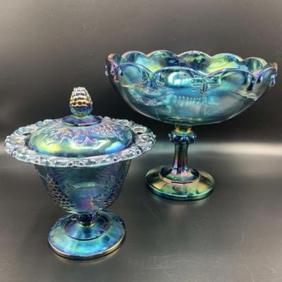 (2) Indiana Glass Harvest Blue: Compote & Lidded