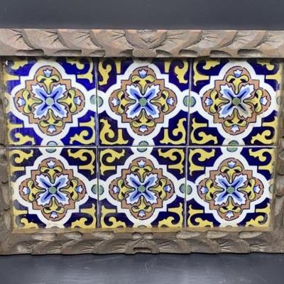 Carved Wood & Tile Tray w/ 2 Handles