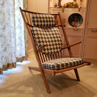 Wooden Adirondack style high back reclining chair (blue/white Harlequin diamond cushion pattern)