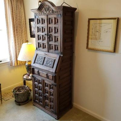Hand carved tall secretary desk cabinet (solid wood)