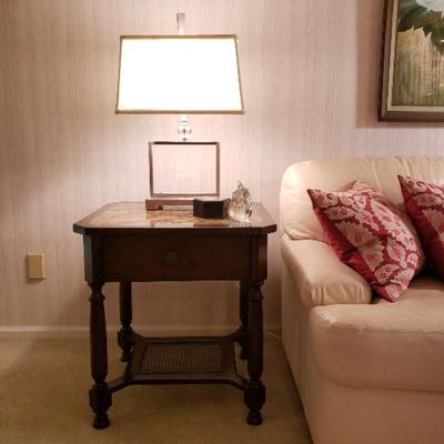 Inlay top side table (carved legs, bottom shelf, drawer)