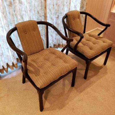(2) Pair of MCM 1960s matching accent/lounge armchairs (black frame, pinstripe cushions)