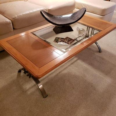 Coffee table (glass, metal, wood)