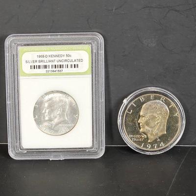 Set of Two Silver Dollars- 1974 Liberty $ Plus 1968-D Kennedy Half Dollar 40% Both Silver