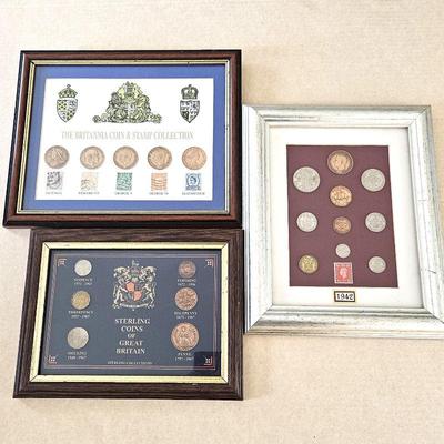  Set of Three Framed Coin Collections from Great Britain - One With Royalty Coin & Stamp Sets