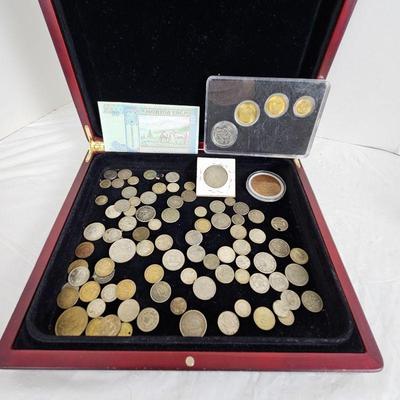  Lot of Foreign Coins and Money (Mongolian Tugrik) Comes with Wood Storage Box 10" x 11" x 2"H