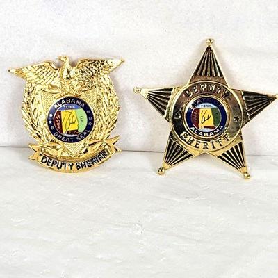 Set of Two Authentic Vintage Gold Shield and Star Deputy Sheriff Badges From Alabama