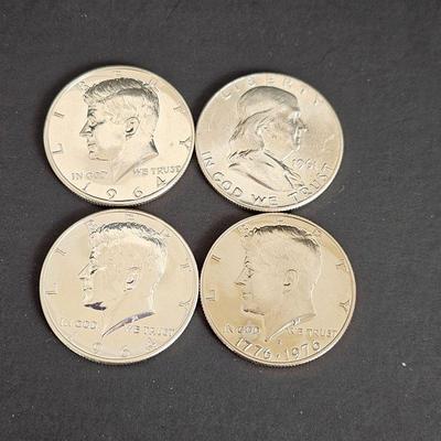 Set of Four Half-Dollars Proofs - 1964 P Kennedy (2) - 1976 S Kennedy and 1961 D B. Franklin Half Dollar Proof