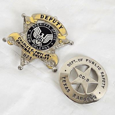 Vintage Authentic Deputy Sheriff's Badge From New Orleans plus Texas Rangers Dept of Public Safety CO B