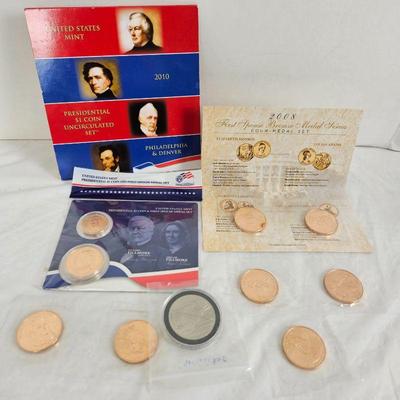 Lot of Assorted Presidential Coin Sets Plus Bronze First Wives Medal (Martha Washington) & A Dessert Storm $5 Coin