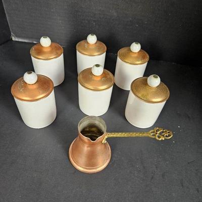Traditional Copper and Brass Turkish Coffee Pot & Six White Porcelain Spice Jars w/ Copper Lids
