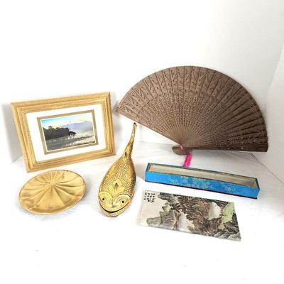 Burmese Gold Leaf Lacquerware Trinket Box, Framed Litho.- Shell Trinket Dish, Carved Wood Hand Fan w/ Box