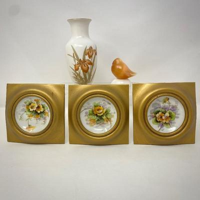 Lot # 86 - Weisley Studios Hand Painted Porcelain Wall Art- Japanese Vase, & Carved Stone Bird